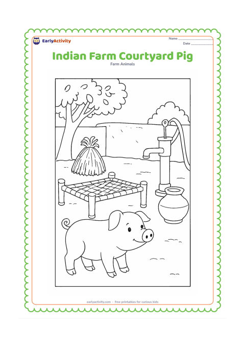 Colouring page: A pig explores a clean rural Indian courtyard beside a charpai, a hand pump and a low mud-plastered wall. Add a hay bundle, a clay pot and a leafy tree, with no people or writing.