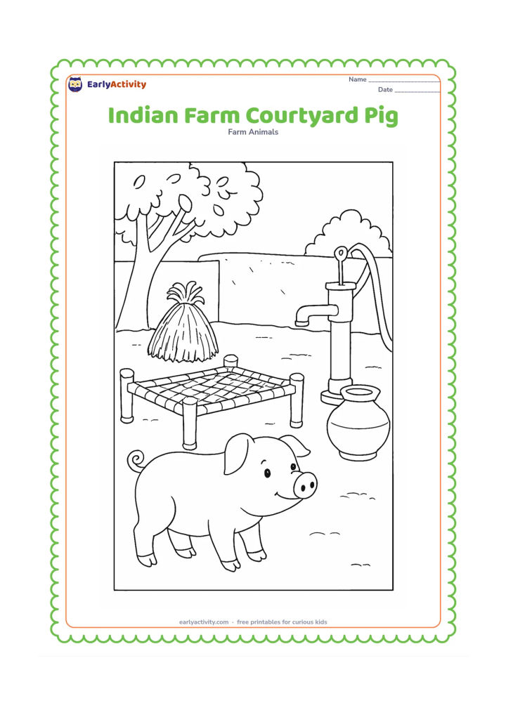 Colouring page: A pig explores a clean rural Indian courtyard beside a charpai, a hand pump and a low mud-plastered wall. Add a hay bundle, a clay pot and a leafy tree, with no people or writing.