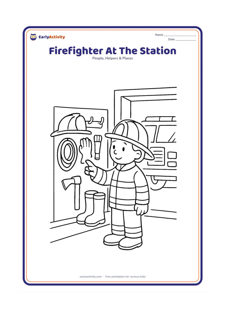 Colouring page: Draw a standing firefighter checking a wall rack of equipment inside a fire station, including a helmet, boots, gloves, hose and a small axe stored safely. Show a large open bay with…