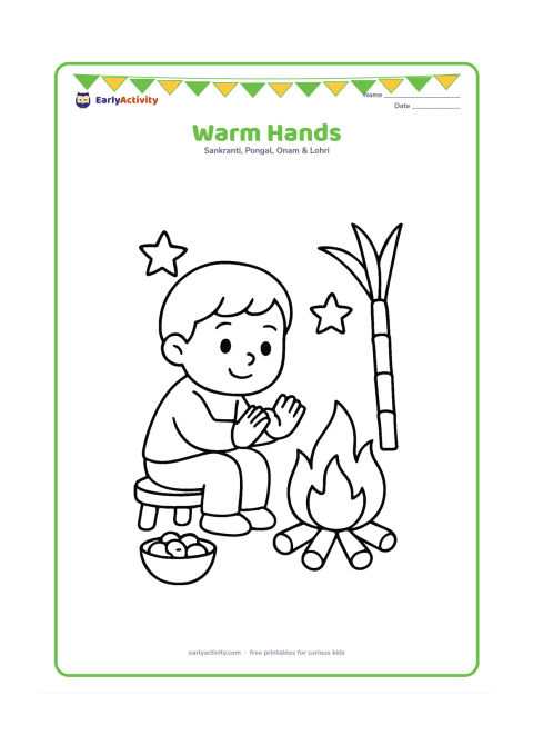 Colouring page: Draw one child sitting safely on a low stool and warming both hands near a small bonfire. Add a basket of peanuts, a sugarcane stalk and two stars.