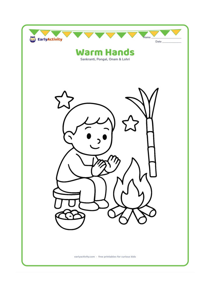Colouring page: Draw one child sitting safely on a low stool and warming both hands near a small bonfire. Add a basket of peanuts, a sugarcane stalk and two stars.