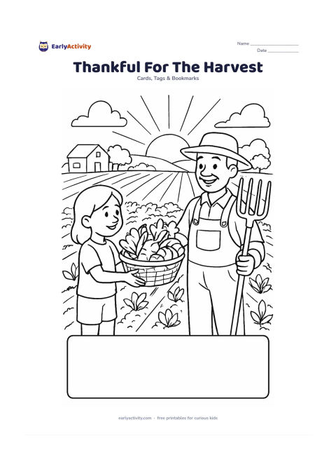Worksheet: A child gives a basket of vegetables to a smiling farmer in a field at sunrise, with rows of crops, a distant farmhouse, trees and soft sun rays behind them. Reserve an open blank panel…