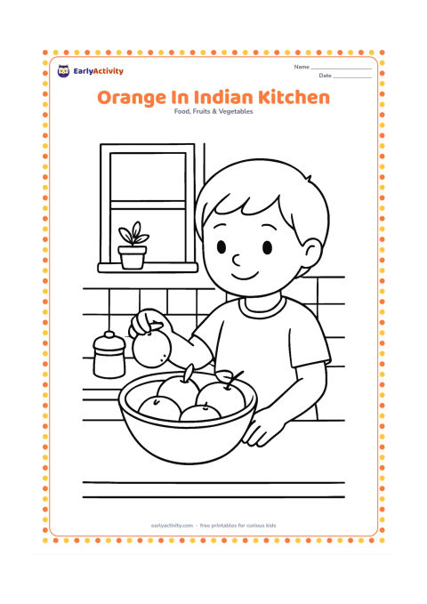 Colouring page: Draw a child placing oranges into a steel bowl on a kitchen counter. Add a simple tiled backsplash, a covered spice container and a window with a small potted plant, with no labels.