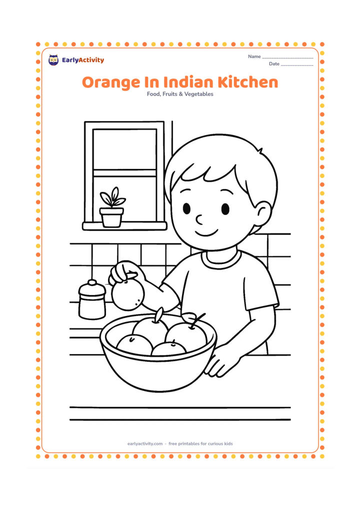 Colouring page: Draw a child placing oranges into a steel bowl on a kitchen counter. Add a simple tiled backsplash, a covered spice container and a window with a small potted plant, with no labels.