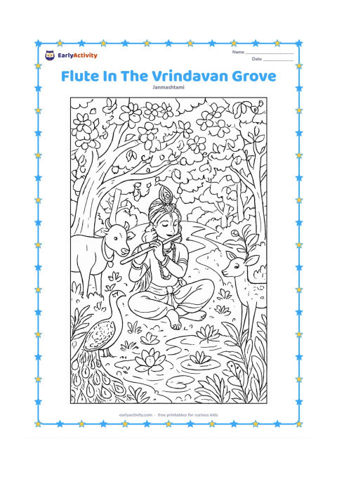Colouring page: Draw Krishna seated beneath flowering trees in a Vrindavan-inspired grove, playing the flute while cows, peacocks and deer listen nearby. Include a winding path, pond, lotus flowers,…