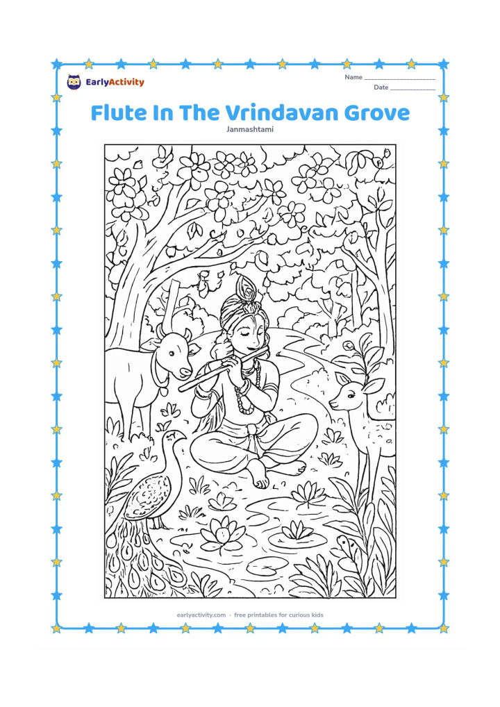 Colouring page: Draw Krishna seated beneath flowering trees in a Vrindavan-inspired grove, playing the flute while cows, peacocks and deer listen nearby. Include a winding path, pond, lotus flowers,…