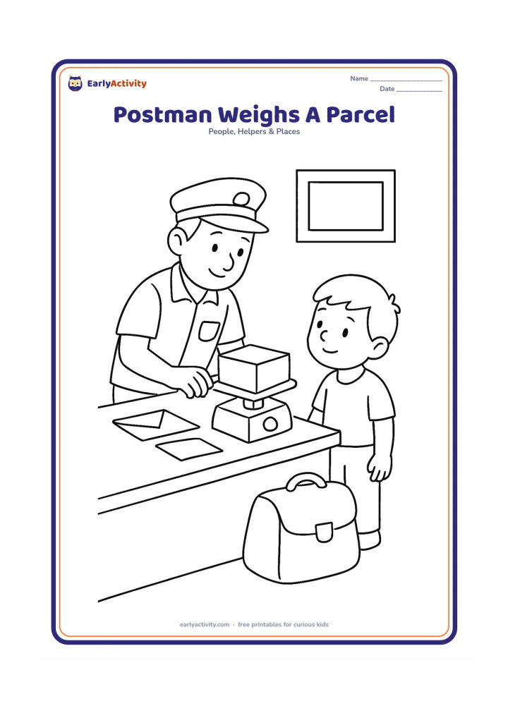 Colouring page: Show a postman leaning over a counter to weigh a blank parcel on a simple balance scale inside a small Indian post office. Add a child watching from the other side, a delivery bag on the…