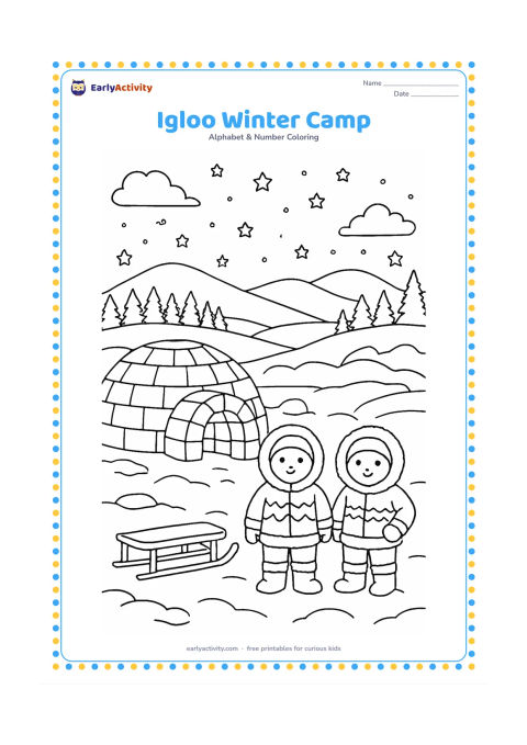 Colouring page: Draw a wide Arctic campsite with a carefully patterned igloo, a small sled, two bundled explorers, snow-covered hills, a row of distant evergreens, and a starry evening sky.