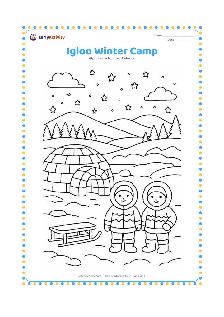 Colouring page: Draw a wide Arctic campsite with a carefully patterned igloo, a small sled, two bundled explorers, snow-covered hills, a row of distant evergreens, and a starry evening sky.