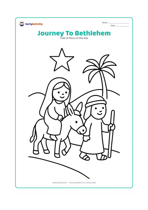 Colouring page: Show Mary riding a donkey while Joseph walks beside her along a gently curving path. Include two rounded hills, a palm tree and a large guiding star in the sky.