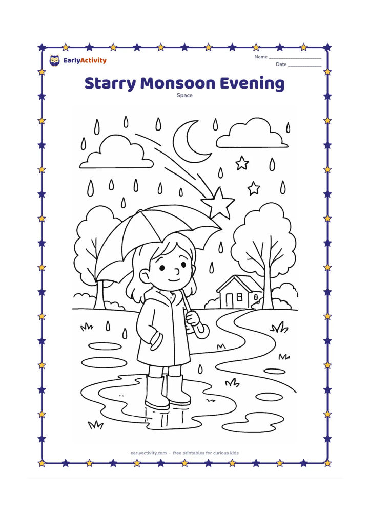 Colouring page: After rain, an Indian child stands under an umbrella beside reflective puddles while stars emerge between soft clouds, a crescent Moon and a large shooting star. Include leafy trees, a…