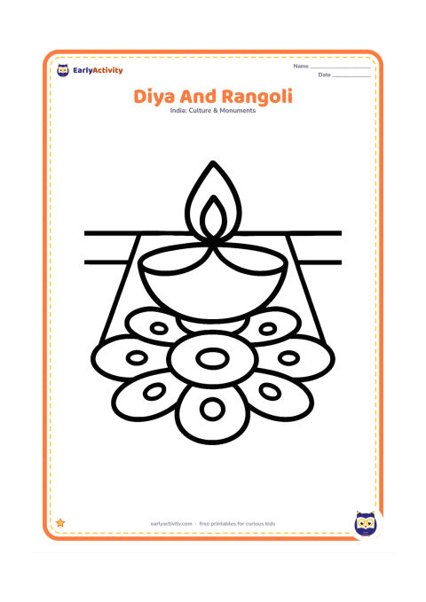 Colouring page: A single diya sits above a very simple rangoli made from large dots, petals and curved loops, with a few floor tiles behind it.