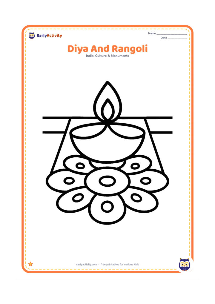 Colouring page: A single diya sits above a very simple rangoli made from large dots, petals and curved loops, with a few floor tiles behind it.