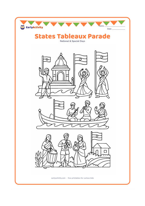 Colouring page: Draw a Republic Day parade featuring several decorated tableaux inspired by different Indian regions, with dancers in varied traditional clothing, musicians, a temple-like structure, a…