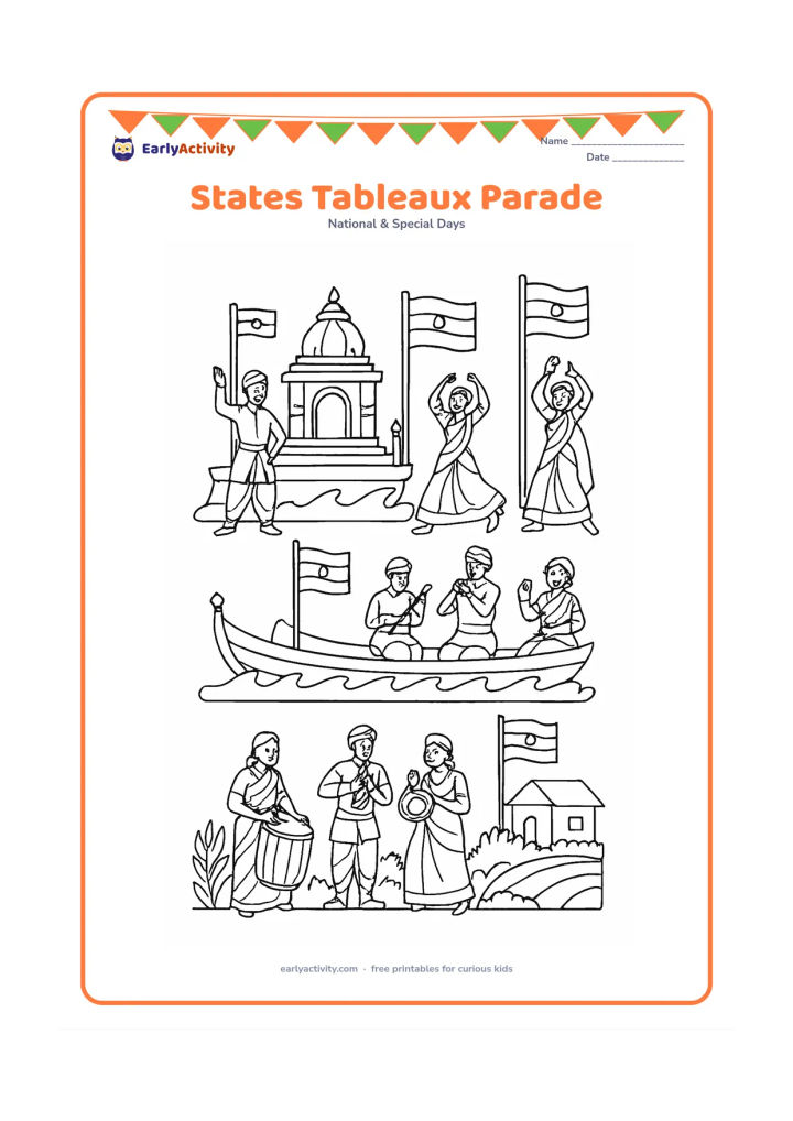 Colouring page: Draw a Republic Day parade featuring several decorated tableaux inspired by different Indian regions, with dancers in varied traditional clothing, musicians, a temple-like structure, a…