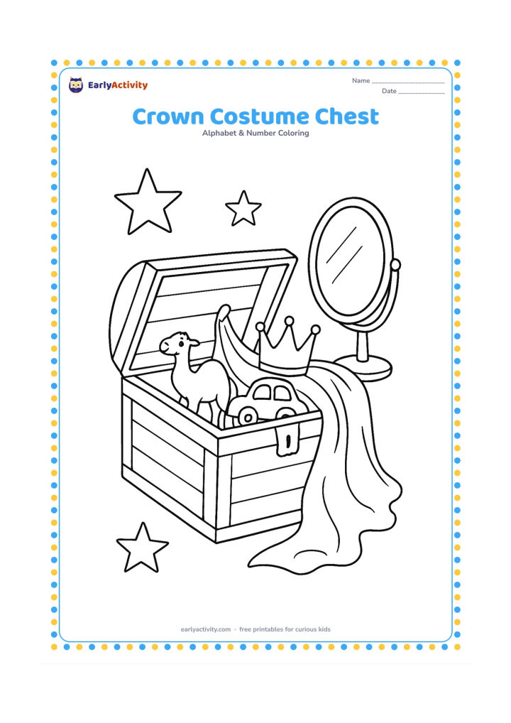Colouring page: An open wooden costume chest contains a crown, a cape, a toy camel, and a toy car, with fabric spilling onto the floor beside it. Add a mirror and a few large stars in the room, without…