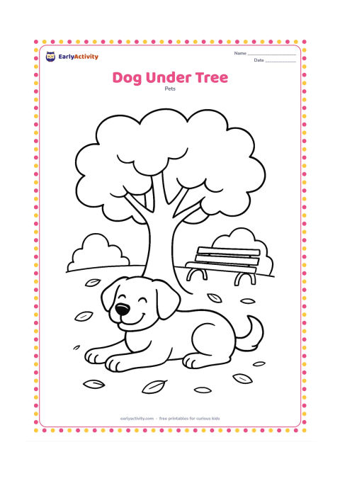 Colouring page: Draw a dog lying happily beneath a broad shady tree, with its paws stretched forward and tail curled to one side. Add a park bench, scattered leaves, and a distant rounded bush.