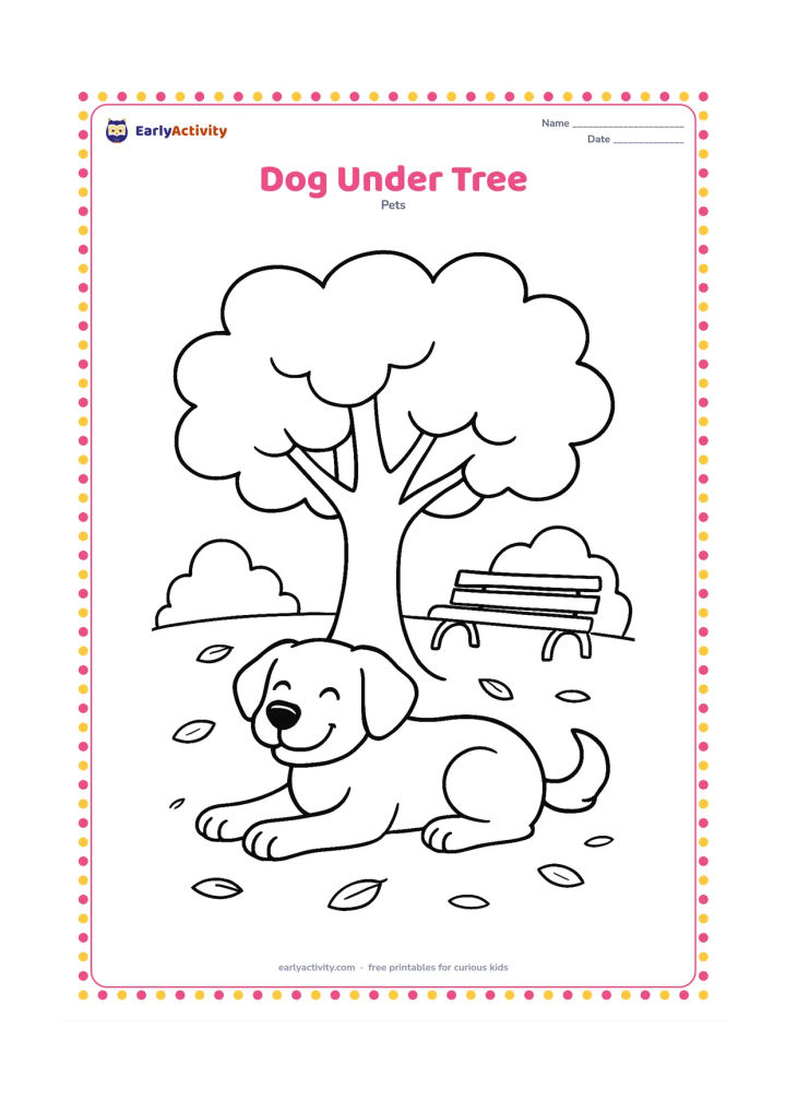 Colouring page: Draw a dog lying happily beneath a broad shady tree, with its paws stretched forward and tail curled to one side. Add a park bench, scattered leaves, and a distant rounded bush.