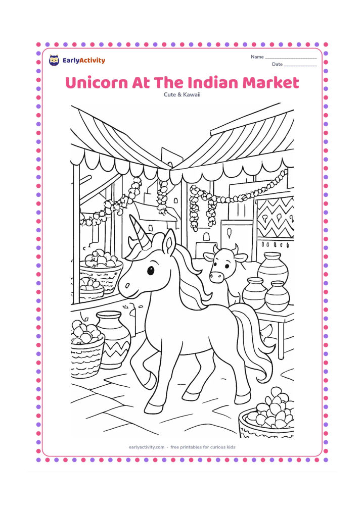 Colouring page: A friendly unicorn strolls through a colourful Indian market street with fabric awnings, baskets of fruit, clay pots, flower garlands and a small friendly cow in the background. Keep…