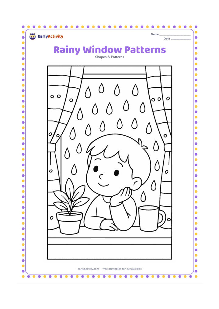 Colouring page: Draw a child looking through a window on a rainy afternoon, with repeating raindrop shapes on the glass and patterned curtains made from alternating stripes and dots. Add a windowsill…
