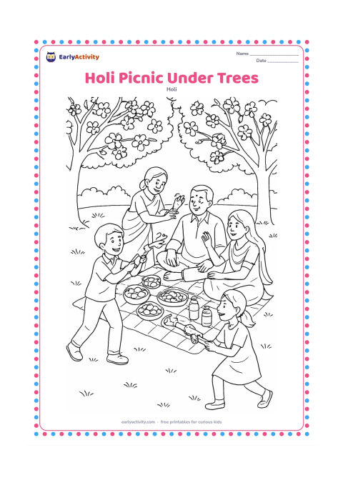Colouring page: A group of friends and relatives enjoy a Holi picnic beneath flowering spring trees, with a picnic cloth holding sweets, fruit, gulal bowls, and water bottles. Two children play with…