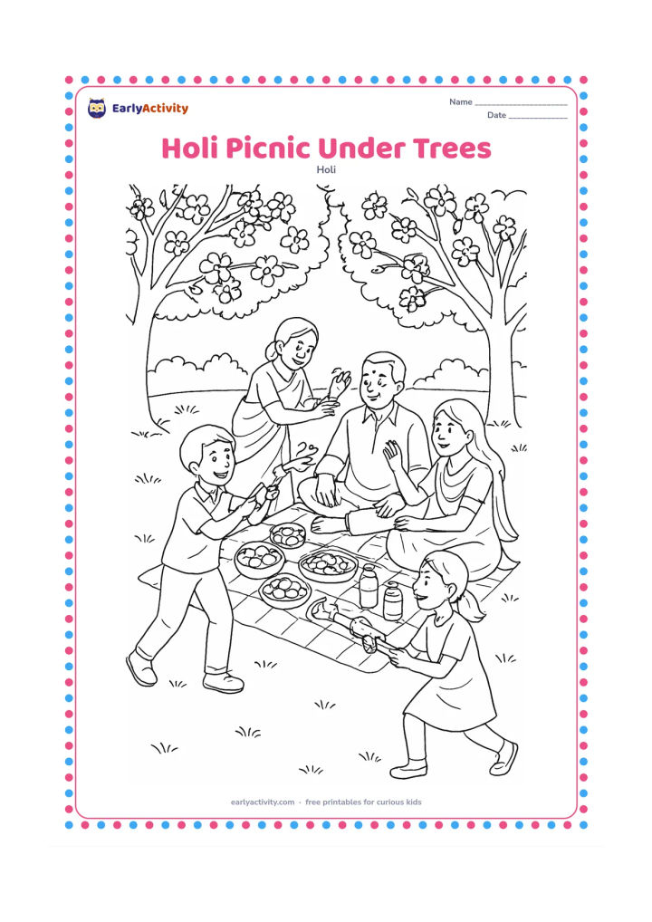 Colouring page: A group of friends and relatives enjoy a Holi picnic beneath flowering spring trees, with a picnic cloth holding sweets, fruit, gulal bowls, and water bottles. Two children play with…