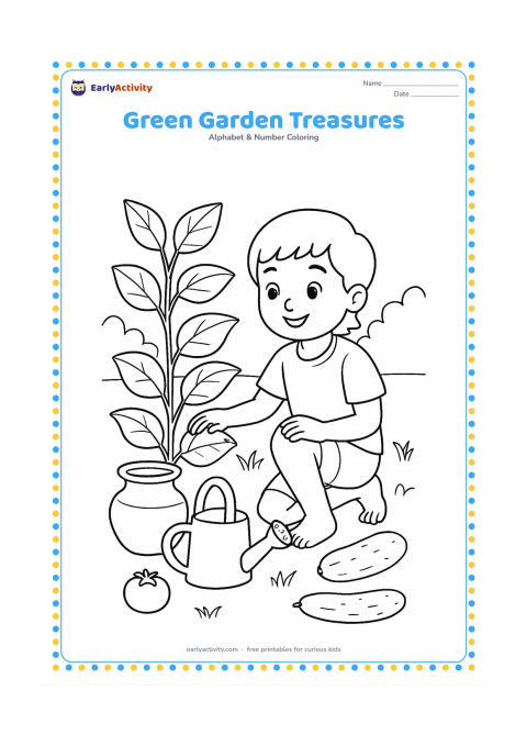 Colouring page: A child kneels in an Indian home garden beside leafy plants, a clay pot, a watering can, and a few vegetables. Show several distinct objects without adding labels.