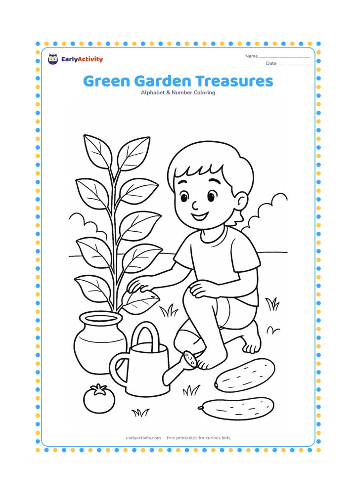 Colouring page: A child kneels in an Indian home garden beside leafy plants, a clay pot, a watering can, and a few vegetables. Show several distinct objects without adding labels.