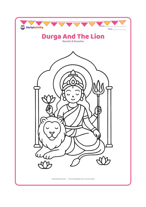 Colouring page: Draw Goddess Durga seated peacefully beside a gentle lion, holding a lotus and trident with the points turned safely upward. Add a halo, lotus flowers, and a simple temple arch around…