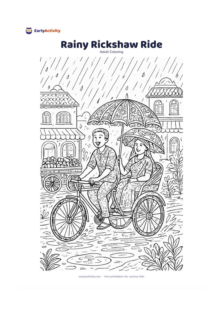 Colouring page: Show a cheerful cycle rickshaw moving through a rainy Indian street, with a driver, one passenger, umbrellas, puddles, roadside plants, a fruit cart, and a row of homes. Keep every shop…
