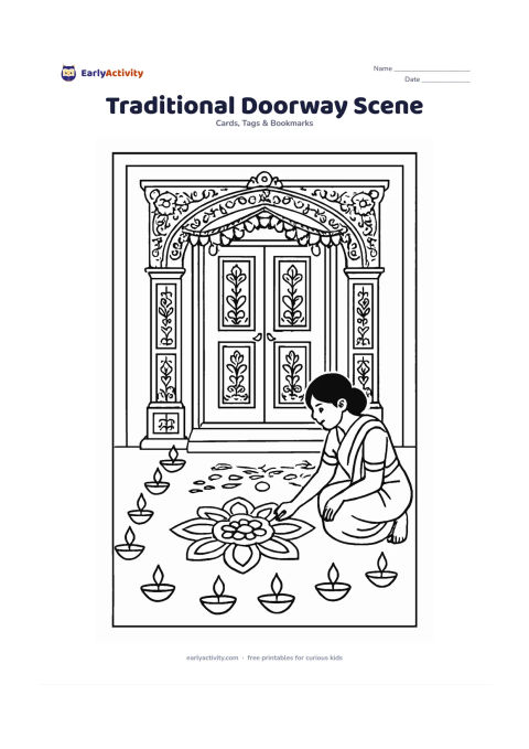 Worksheet: Draw an ornate Indian home entrance with carved panels, a detailed toran, a large rangoli and rows of diyas leading to the threshold. Include a family member placing the final flower…