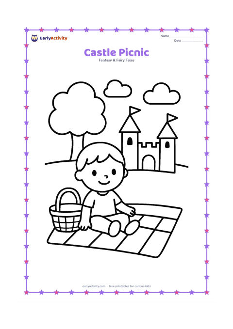 Colouring page: Draw a friendly child having a picnic on a blanket in front of a small castle with a gate and two towers. Include a basket, one large tree, and a few broad clouds in the background.