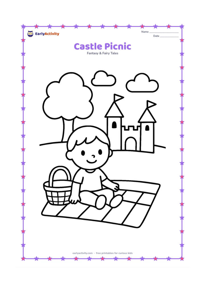 Colouring page: Draw a friendly child having a picnic on a blanket in front of a small castle with a gate and two towers. Include a basket, one large tree, and a few broad clouds in the background.