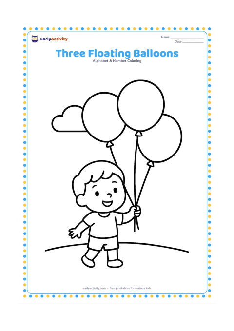 Colouring page: Draw exactly three large balloons floating above a child holding their strings in a simple park. Add one broad cloud and a curved ground line, but no extra balloons.