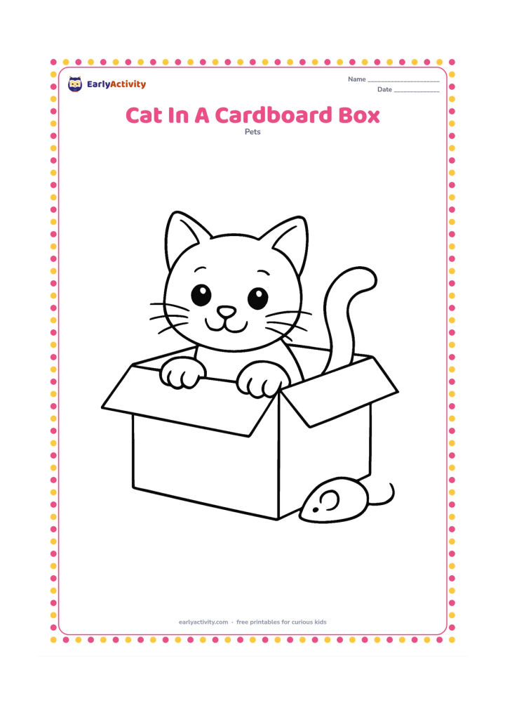 Colouring page: Draw a cat peeking from a low open cardboard box, with both paws over the front edge and its tail curling outside. Add one folded flap and a small toy beside the box.