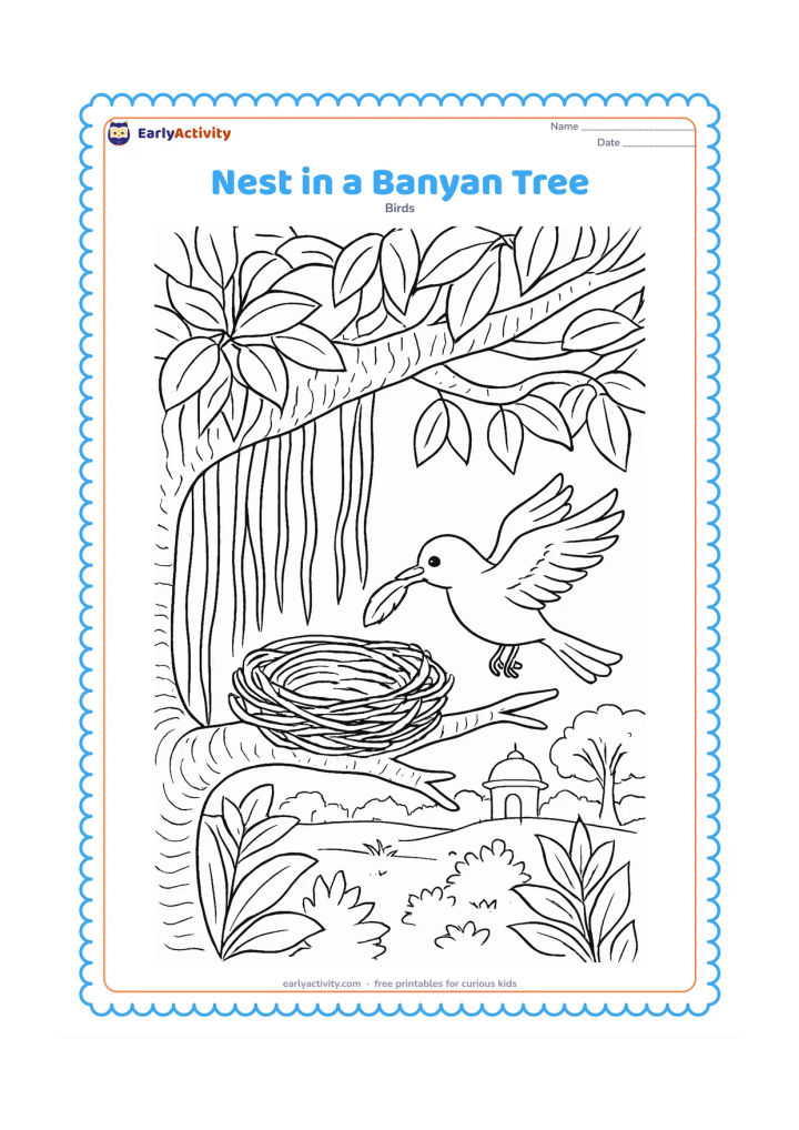Colouring page: A nest rests between thick banyan branches and hanging aerial roots, with a parent bird carrying a feather toward it. Include layered leaves, textured bark and a distant Indian garden scene.