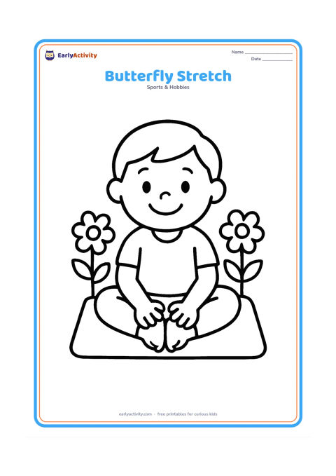 Colouring page: A smiling child sits with the soles of the feet together and knees open, holding the feet gently. Place the child on a simple mat with two large flowers beside it.