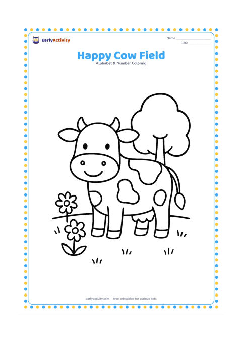 Colouring page: A friendly cow stands in a grassy field beside one rounded tree and two simple flowers. Show the cow facing forward with large patches and a gentle smile.