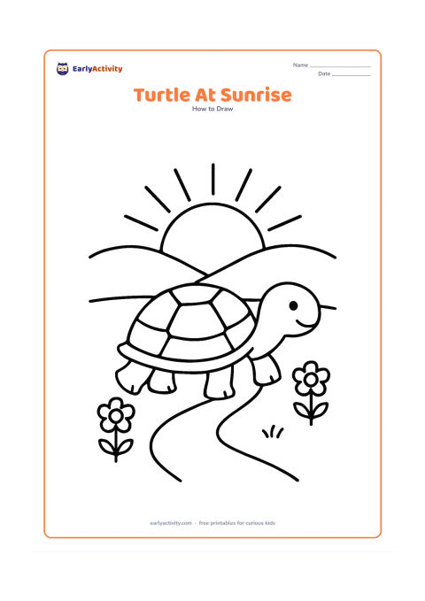 Worksheet: Draw a turtle walking toward a rising sun over low hills, with a simple shell, head and four legs. Add two small flowers and a curved path leading from the foreground.
