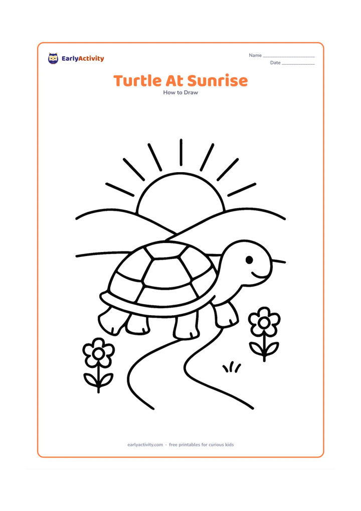 Worksheet: Draw a turtle walking toward a rising sun over low hills, with a simple shell, head and four legs. Add two small flowers and a curved path leading from the foreground.