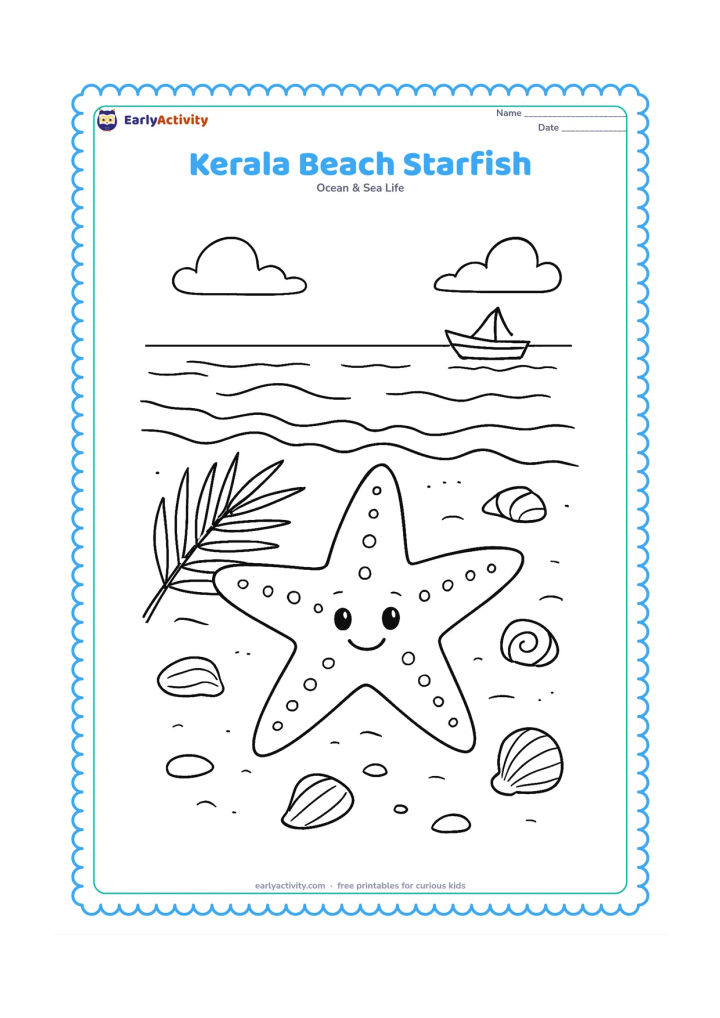 Colouring page: Draw a starfish on a Kerala beach tide line near a small coconut leaf, a fishing boat far in the background and scattered shells.