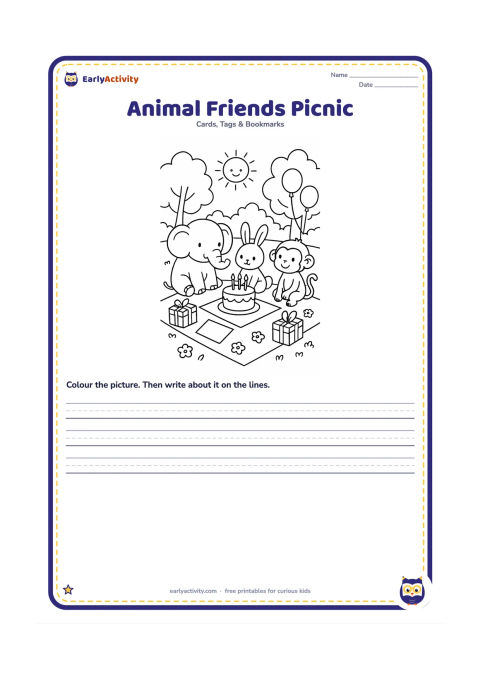 Worksheet: Draw a friendly elephant, rabbit, and monkey sitting around a picnic cloth with a birthday cake and wrapped gifts. Set the scene in a sunny park with trees, flowers, balloons, and a…