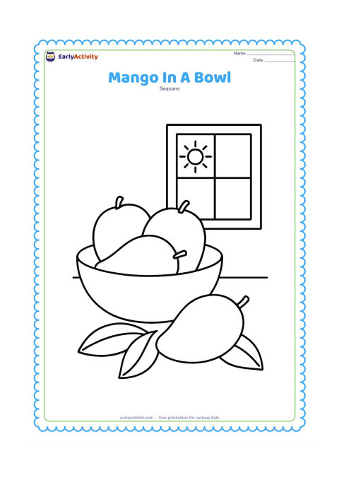 Colouring page: A large bowl filled with three mangoes sits on a table, with one mango and two broad leaves beside it and a simple sunny window in the background.
