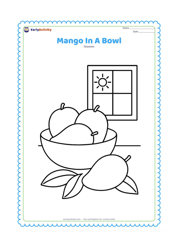 Colouring page: A large bowl filled with three mangoes sits on a table, with one mango and two broad leaves beside it and a simple sunny window in the background.