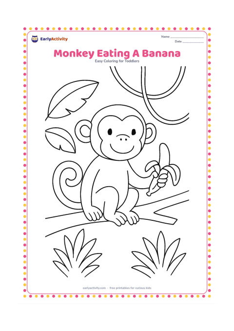 Colouring page: Draw a monkey sitting on a low tree branch and holding a peeled banana. Add two large leaves, a hanging vine and a few simple jungle plants.