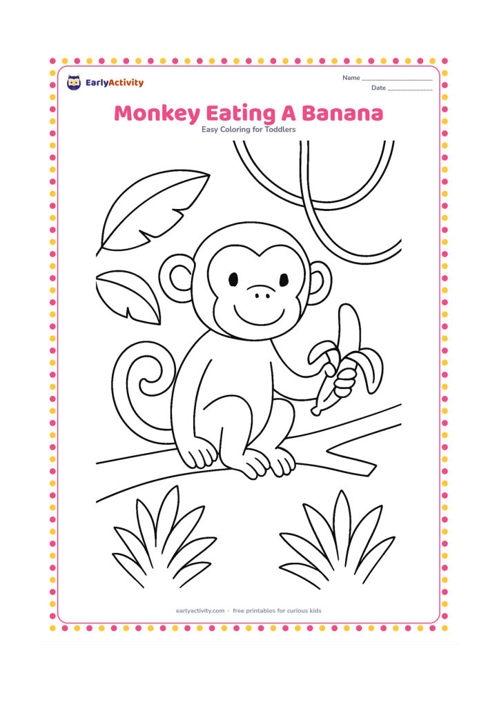 Colouring page: Draw a monkey sitting on a low tree branch and holding a peeled banana. Add two large leaves, a hanging vine and a few simple jungle plants.