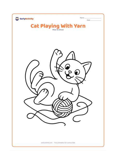 Worksheet: Draw a detailed playful cat rolling on its side while batting a yarn ball, with one paw raised, hind legs bent, whiskers spread, and tail looping around the yarn. Add a plain floor mat…