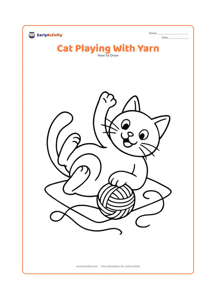 Worksheet: Draw a detailed playful cat rolling on its side while batting a yarn ball, with one paw raised, hind legs bent, whiskers spread, and tail looping around the yarn. Add a plain floor mat…