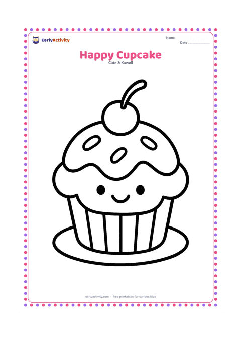 Colouring page: A smiling cupcake sits in a paper wrapper with one large round cherry on top. Add a few big sprinkle shapes on the icing and a simple plate underneath.