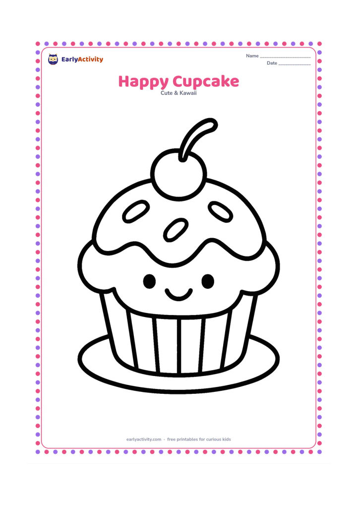 Colouring page: A smiling cupcake sits in a paper wrapper with one large round cherry on top. Add a few big sprinkle shapes on the icing and a simple plate underneath.
